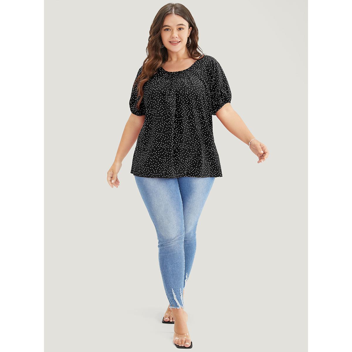 Plus Size Black Polka Dot Pleated Round Neck Puff Sleeve Blouse Women Office Short sleeve Round Neck Work Blouses BloomChic 14-16/1X Product Image