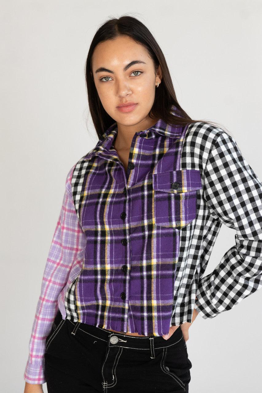 Cropped Patchwork Plaid Flannel Shirt Product Image