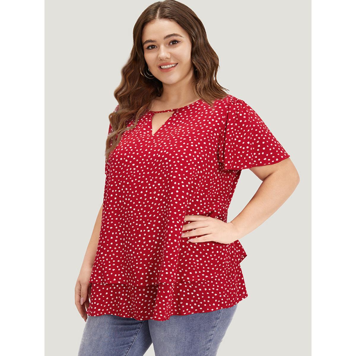 Plus Size Scarlet Polka Dot Keyhole Flutter Sleeve Layered Hem Blouse Women Elegant Short sleeve Keyhole Cut-Out Dailywear Blouses BloomChic 30/6X Product Image