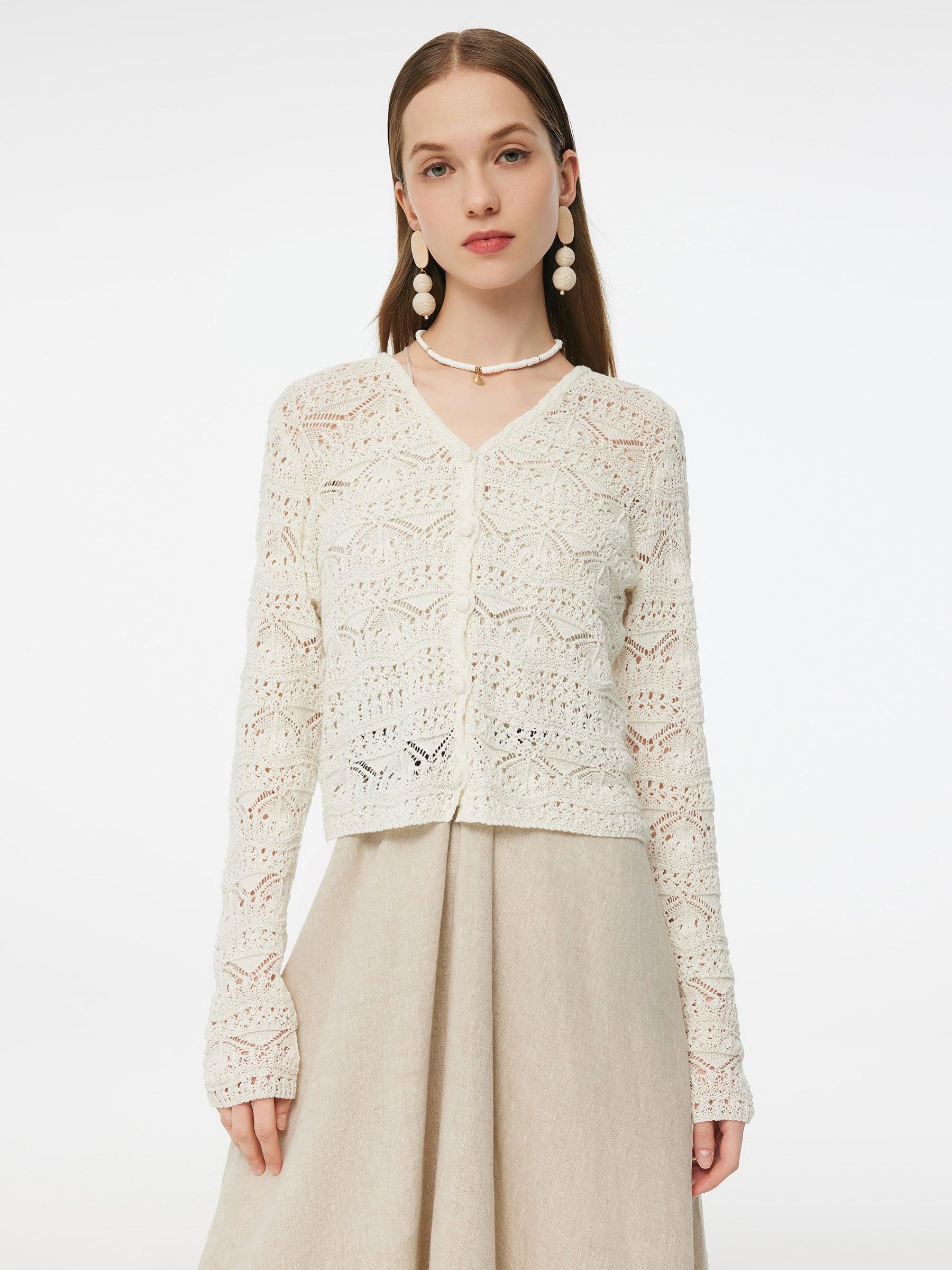 Linen Cotton Blend Women Openwork Cardigan Product Image