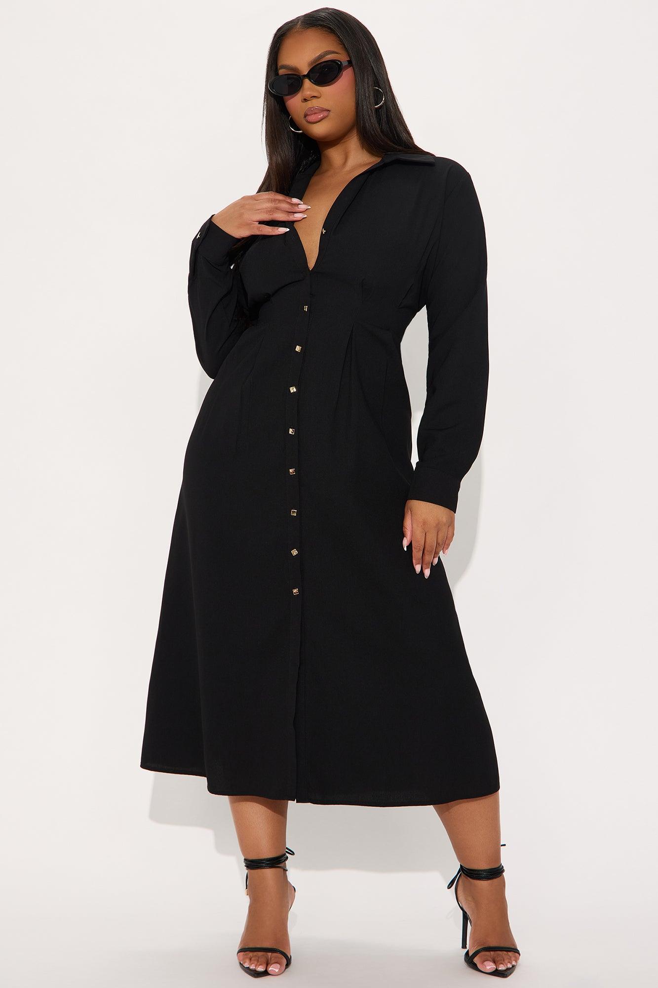 Ophelia Button Down Midi Shirt Dress - Black Product Image
