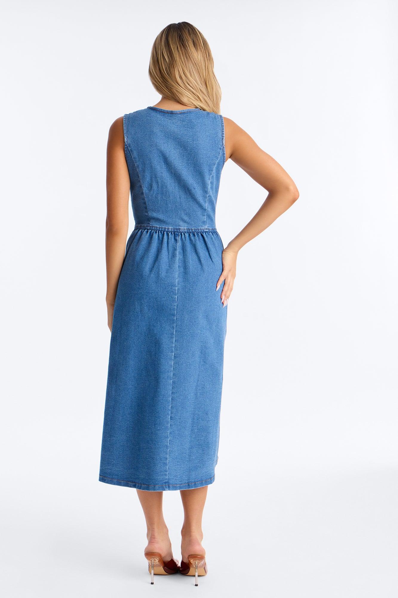 Rory Pleated Denim Midi Dress - Medium Wash Female Product Image