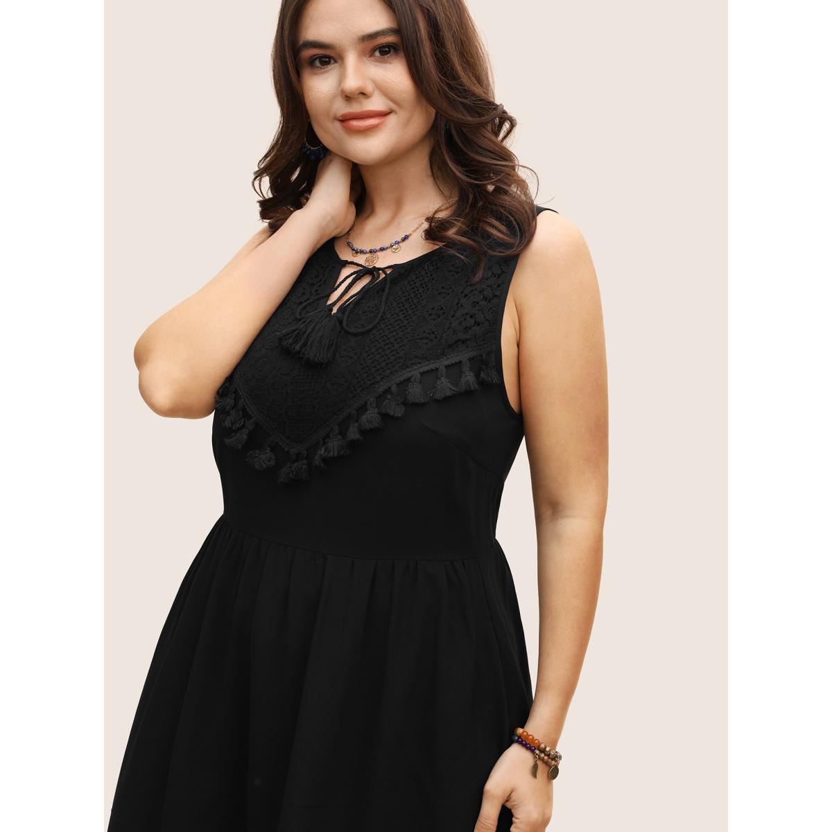 Plus Size Lace Panel Tassel Trim Mesh Tank Dress Black Women Resort Woven ribbon&lace trim Flat collar with V-notch Sleeveless Curvy BloomChic 18-20/2X Product Image