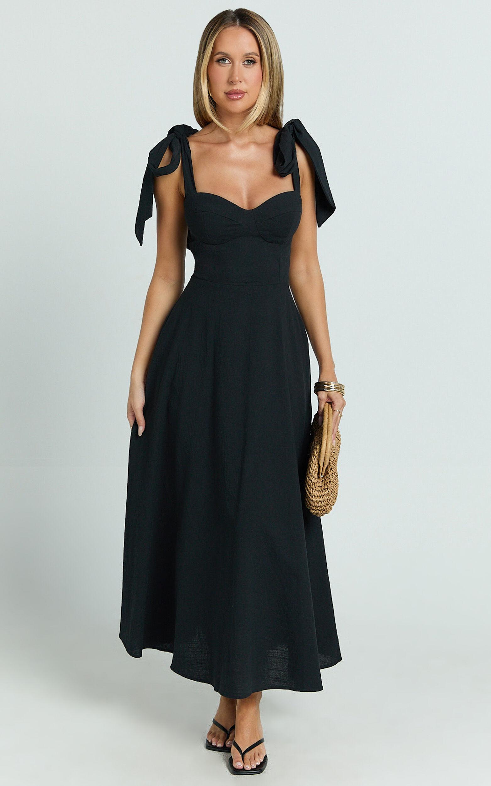 Tymia Midi Dress - Shoulder Tie Bustier Shirred Back A Line in Black Product Image