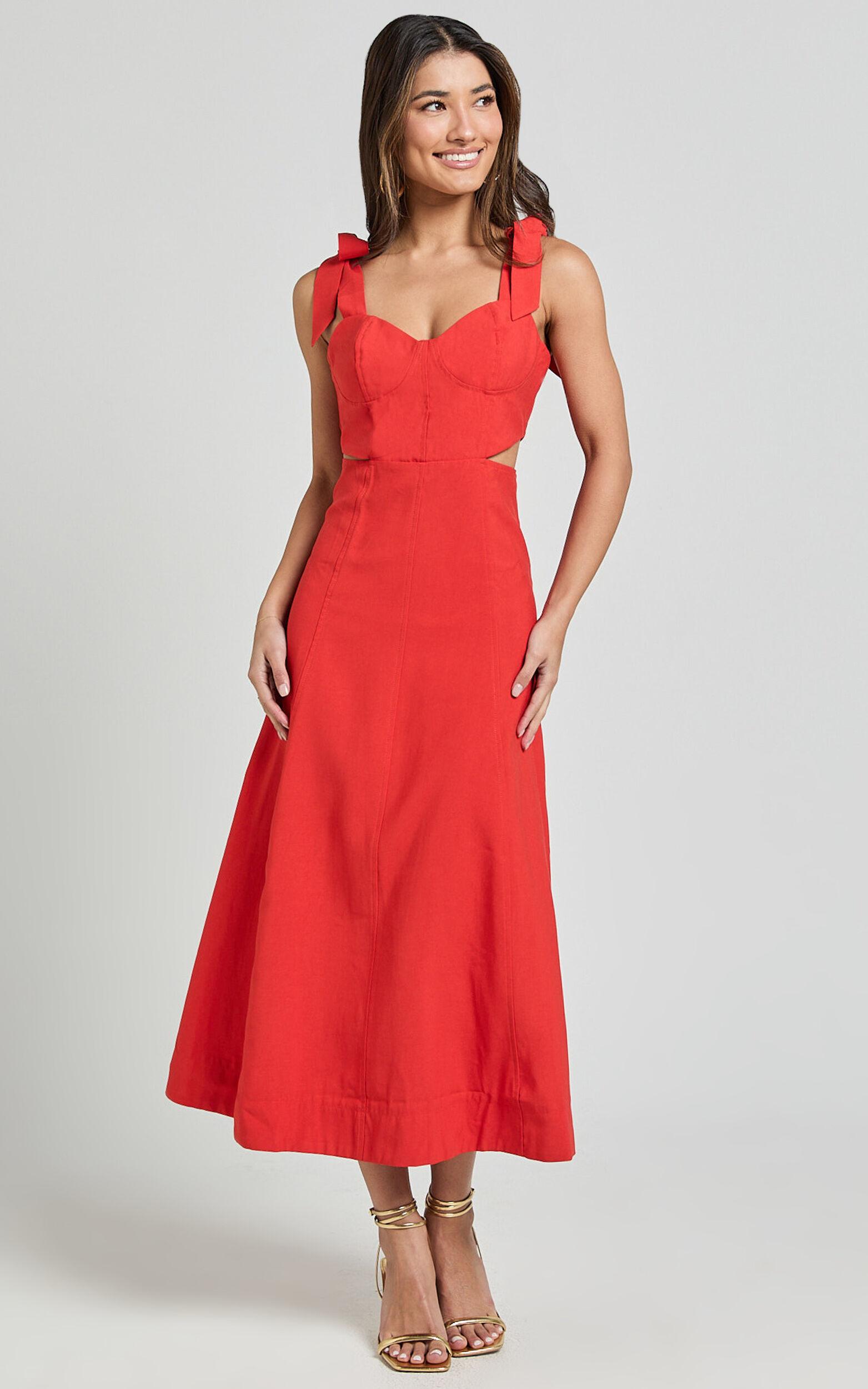 Giana Midi Dress - Shoulder Tie Cut Out Thigh Split Dress in Red Product Image