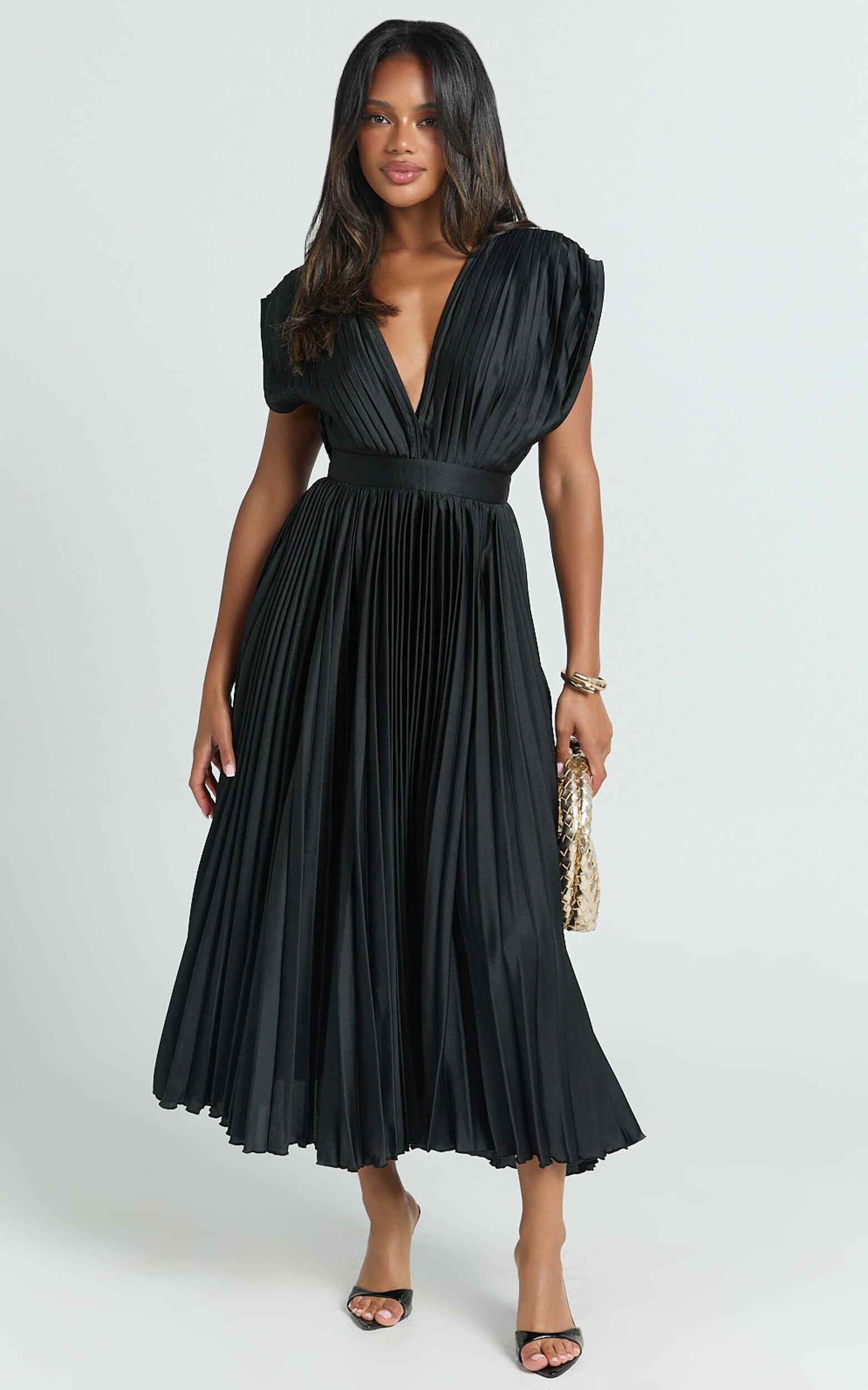 Della Midi Dress - Plunge Neck Short Sleeve Pleated Dress in Black Product Image