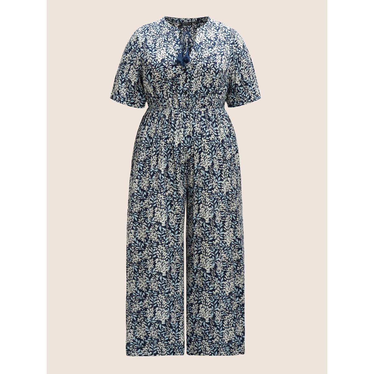 Plus Size Indigo Plants Print Elastic Waist Ties Tassel Trim Jumpsuit Women Resort Short sleeve V-neck Vacation Loose Jumpsuits BloomChic 26/4X Product Image