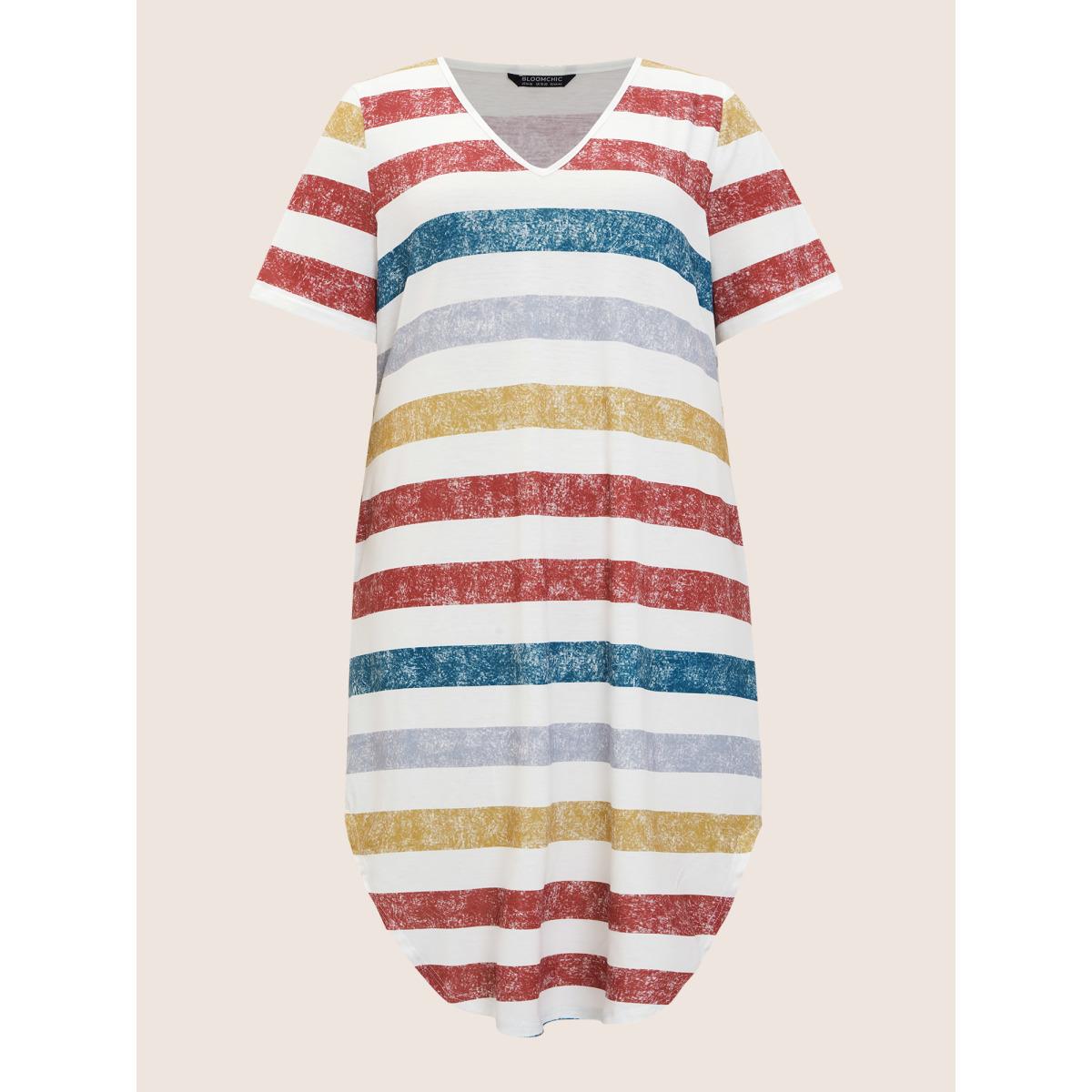 Plus Size Striped Contrast Arc Hem V Neck Pocket Dress Multicolor Women Playful Non V-neck Short sleeve Curvy Midi Dress BloomChic 12/L Product Image