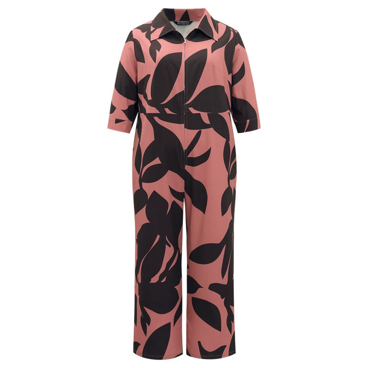 Plus Size DustyPink Silhouette Floral Print Zipper Belted Jumpsuit Women Elegant Elbow-length sleeve Shirt collar Everyday Loose Jumpsuits BloomChic 10/M Product Image
