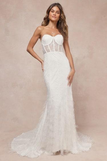 Ravishing Romance White Embroidered Feather Bustier Maxi Dress Product Image