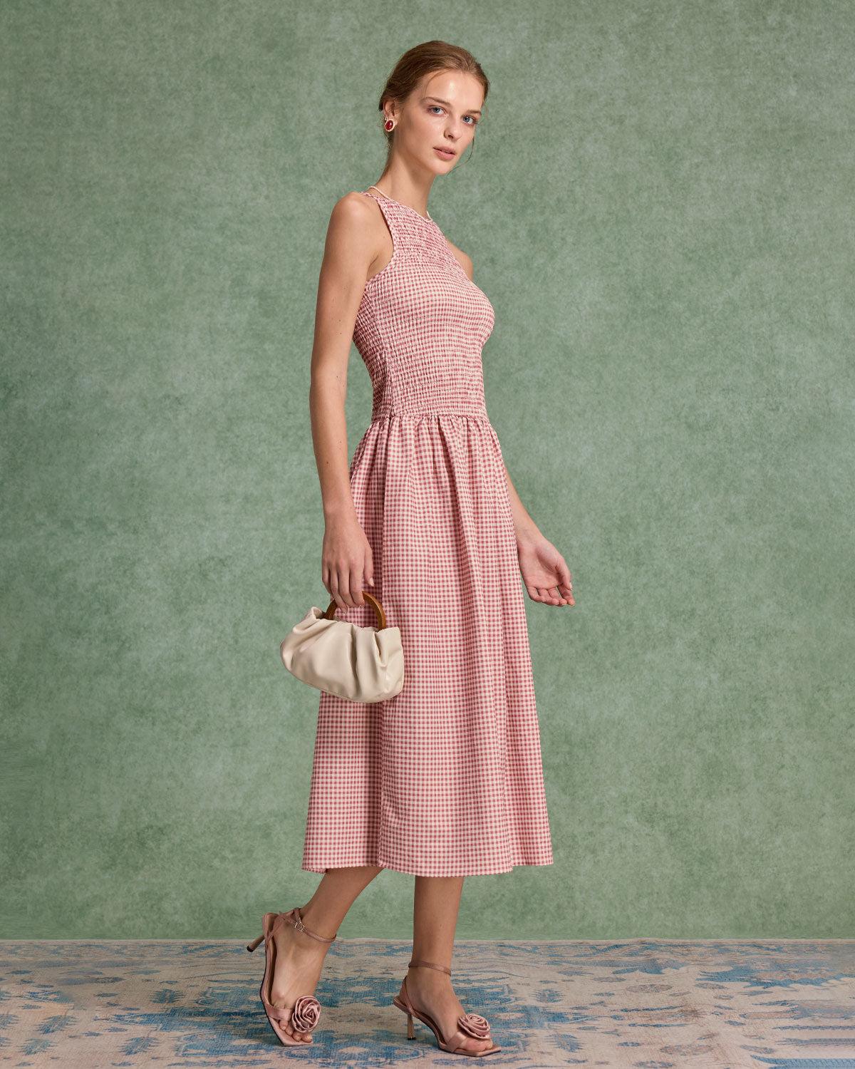 Red Plaid Shirred Sleeveless Midi Dress Product Image