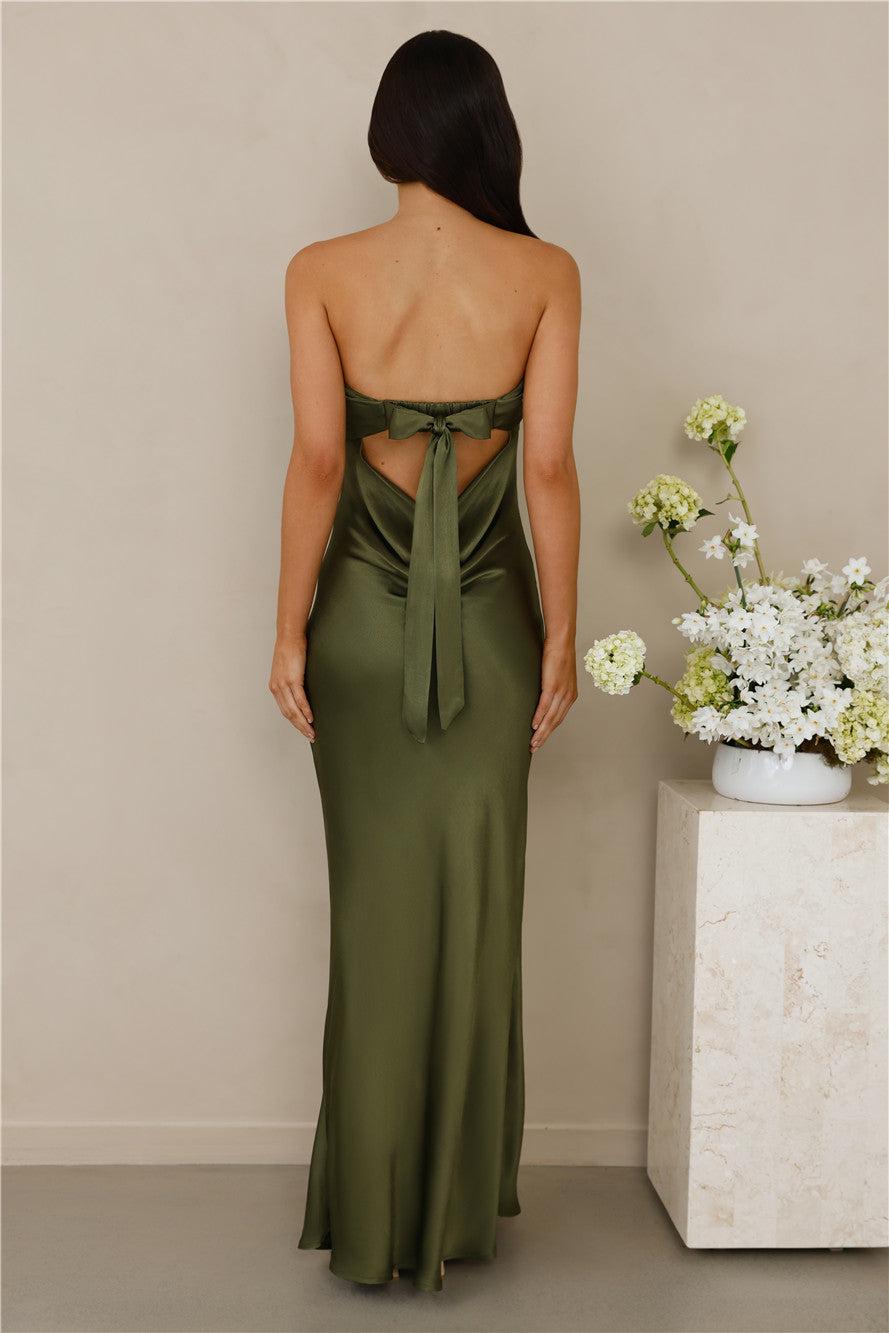 The Felicity Strapless Satin Maxi Dress Olive Product Image