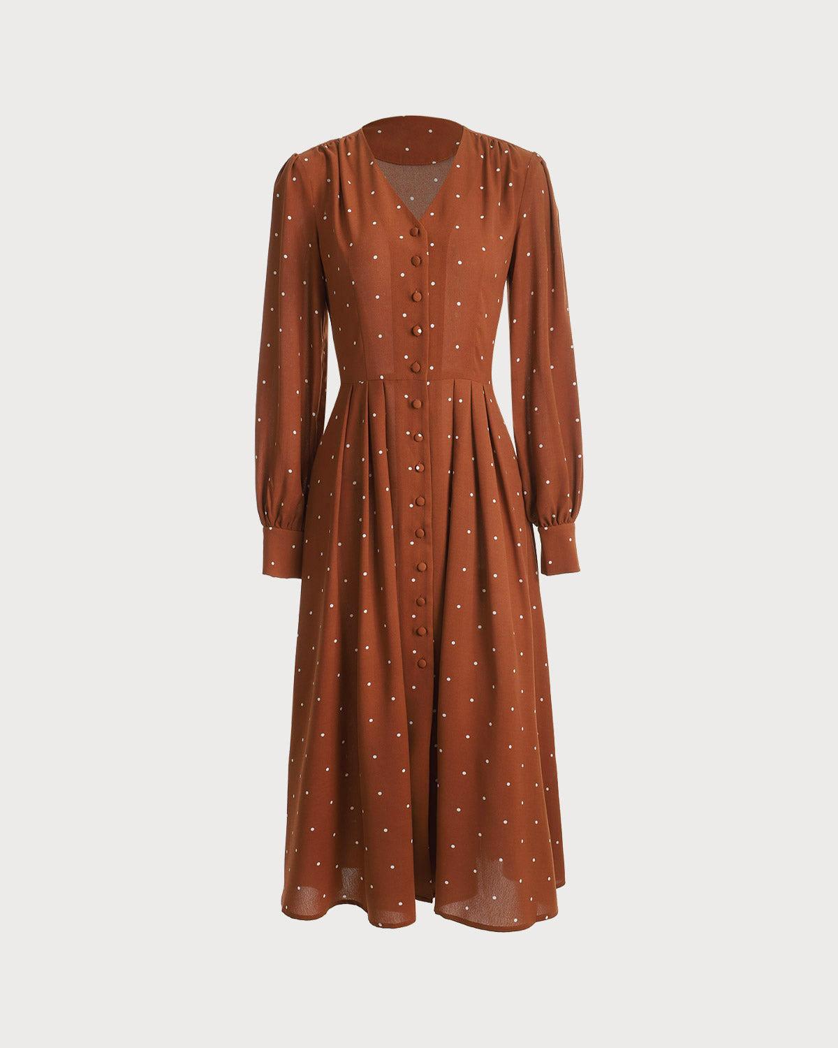 Brown Polka Dot Pleated Midi Dress Female Product Image