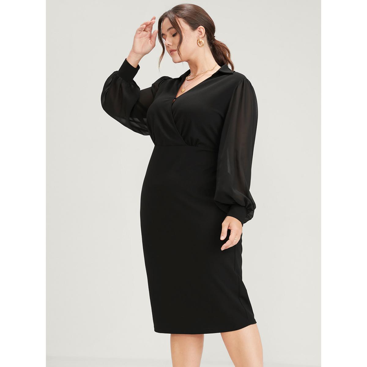Plus Size Solid Mesh Lantern Sleeve Button Wrap Knee Dress Black Women Office Patchwork Lapel Collar Long Sleeve Curvy Knee Dress BloomChic 28/5X Product Image