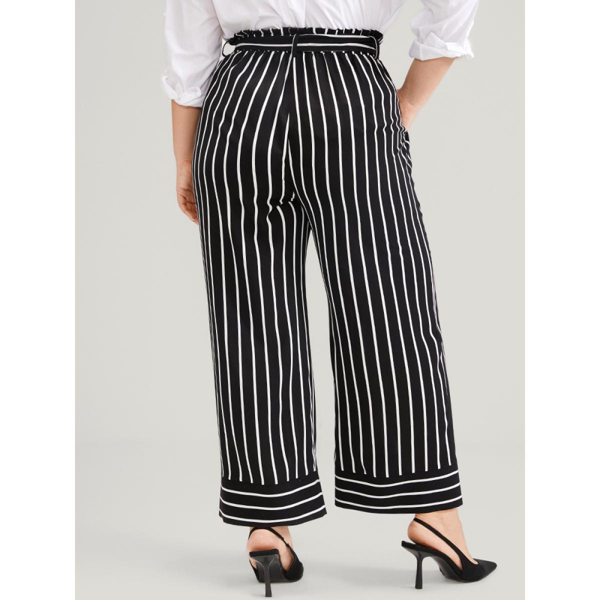 Plus Size Striped Patchwork Pocket Belted Elastic Waist Pants Women Black Office High Rise Work Pants BloomChic 14-16/1X Product Image