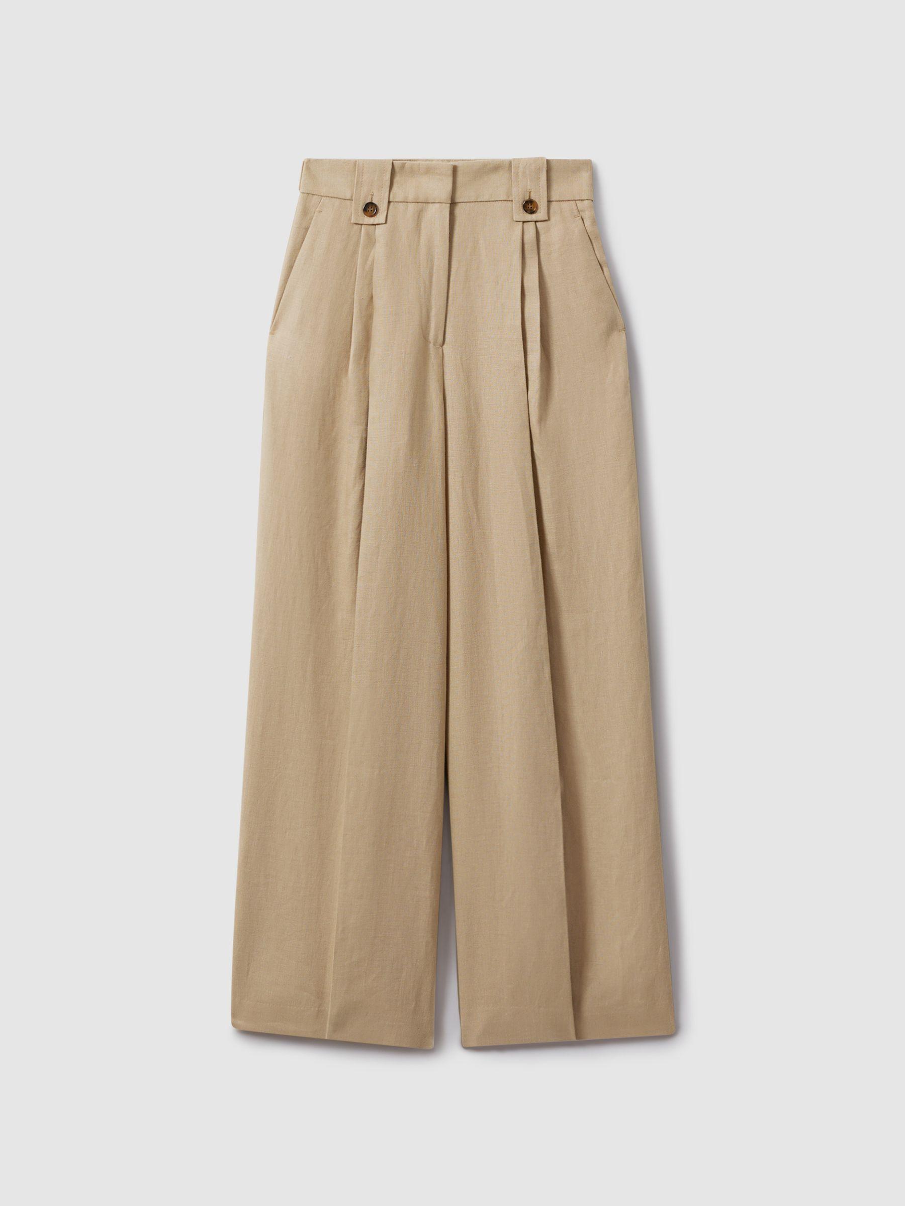 Linen Front Pleat Trousers in Light Khaki Product Image