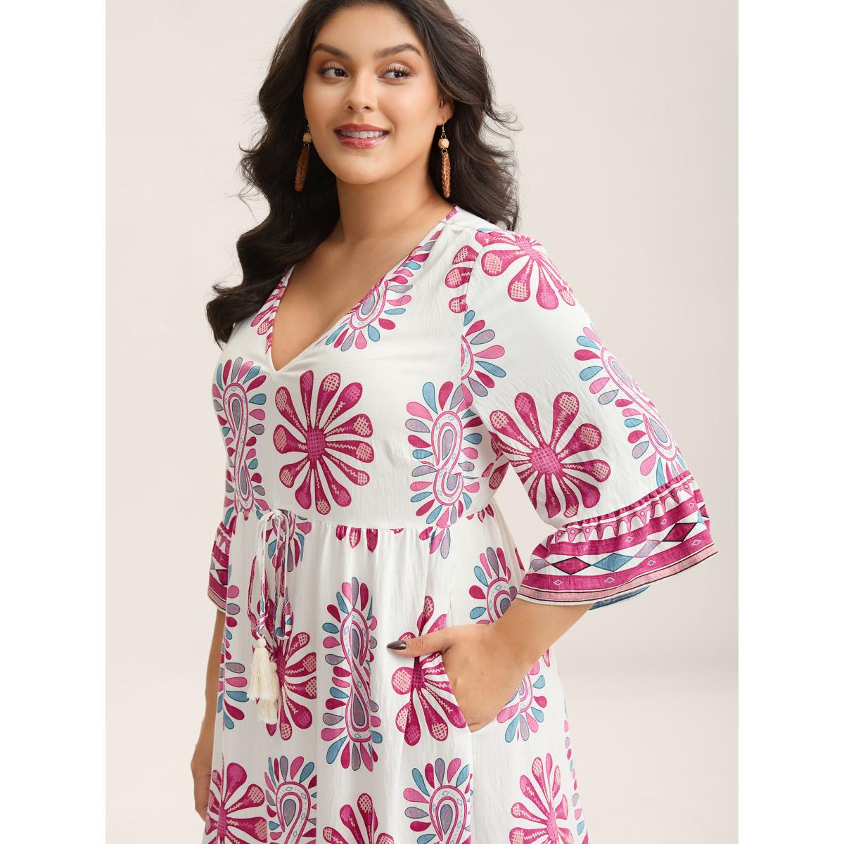 Plus Size Boho Drama Sheer A-Line Midi Dress Rosered Women Boho V-neck Elbow-length sleeve Curvy BloomChic 26/4X Product Image