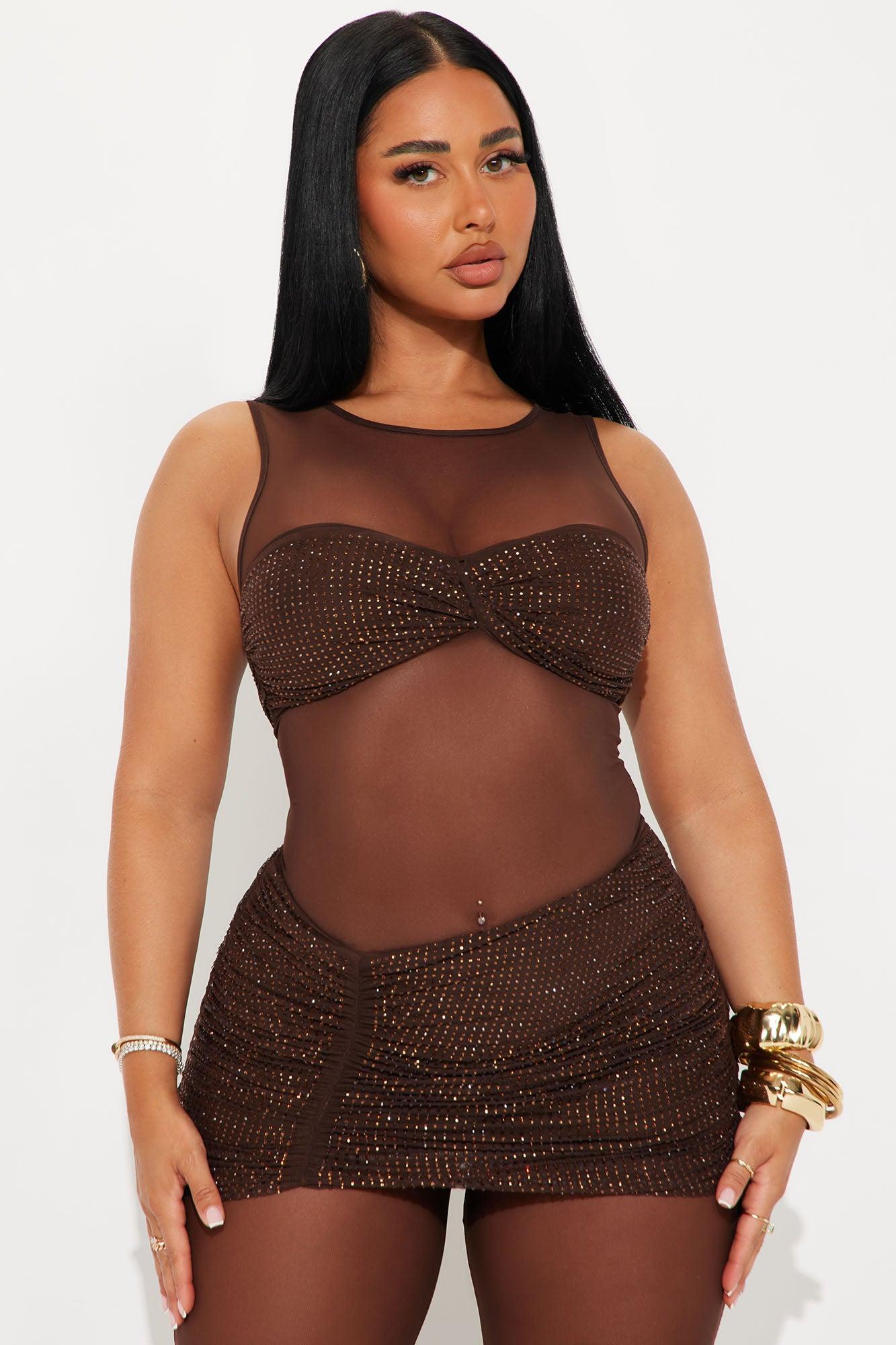 Diamond Diva Embellished Mesh Jumpsuit - Brown Female Product Image