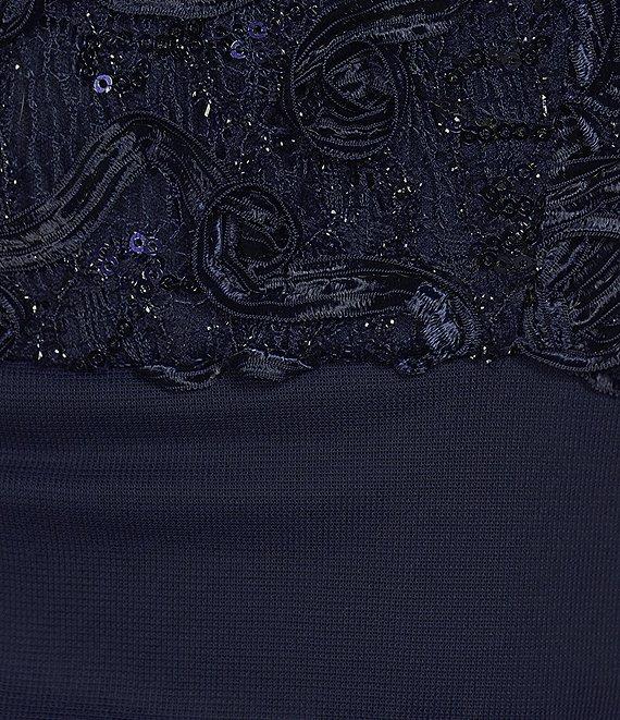 Alex Evenings Petite Size Lace Soutache Bodice V-Neck Short Sleeve Cascade Ruffle Empire Waist Dress Product Image