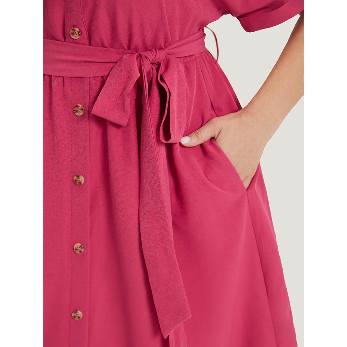 Plus Size Plain Belted Shirt Collar Arc Hem Roll Batwing Sleeve Dress Red Women Office Belted Shirt collar Short sleeve Curvy Knee Dress BloomChic 22-24/3X Product Image