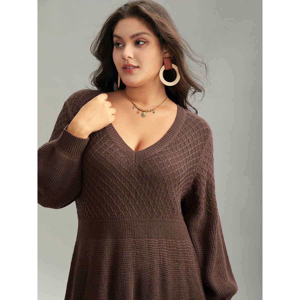 Plus Size A Line Waistline Inside Lantern Sleeve Sweater Dress DarkBrown Women Casual Loose Long Sleeve Dailywear Sweater Dresses BloomChic 30/6X Product Image