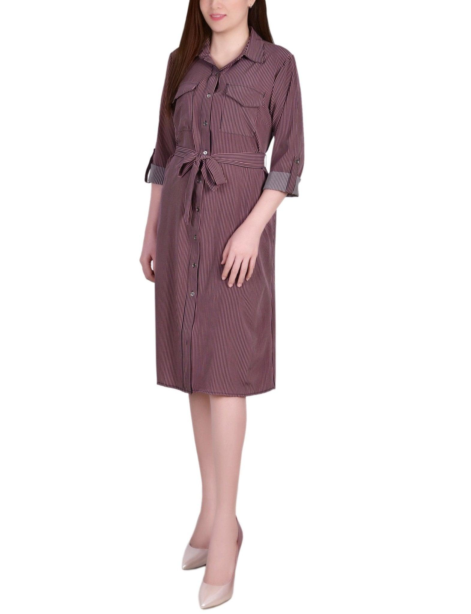 Cypress Inca Gold Navy Zigzag 3/4 Roll Tab Sleeve Belted Shirtdress - Petite Product Image