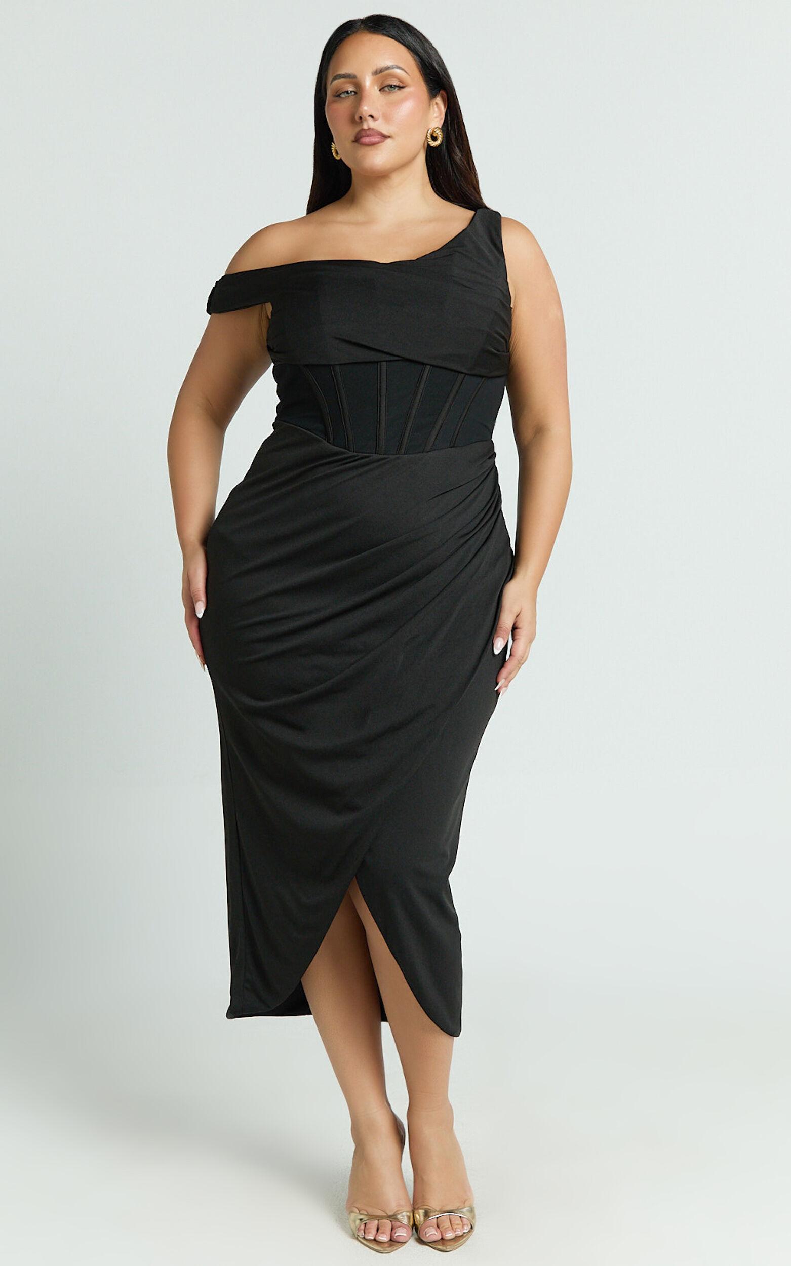 Aidia Midi Dress - Off Shoulder Draped Corset Dress in Black Product Image