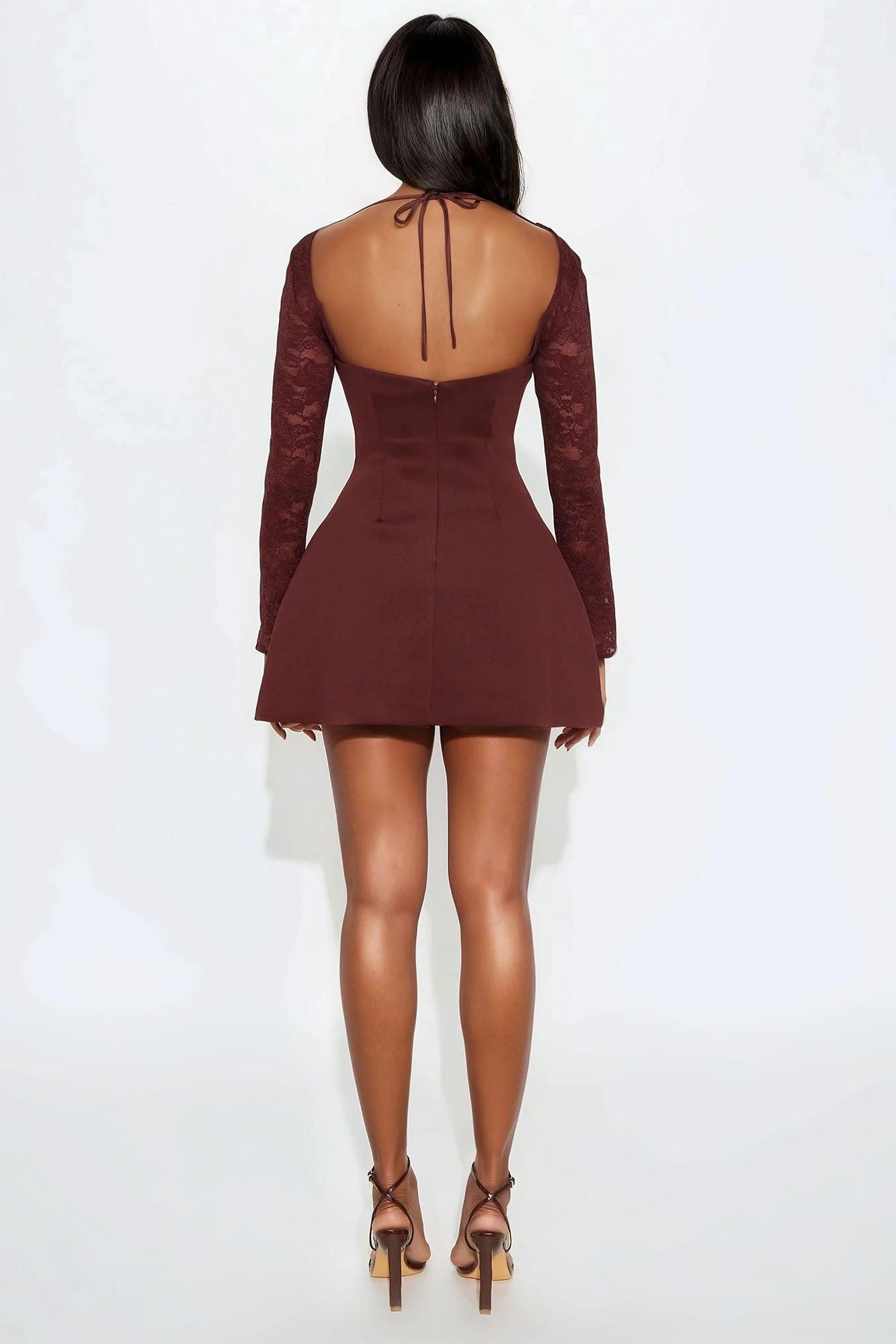 Delia Lace Long Sleeve Mini Dress - Chocolate Product Image