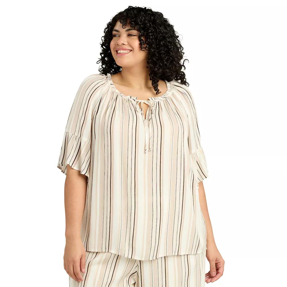 Plus Size AB Studio Ruffle Sleeve Peasant Tie-Neck Top, Womens Product Image
