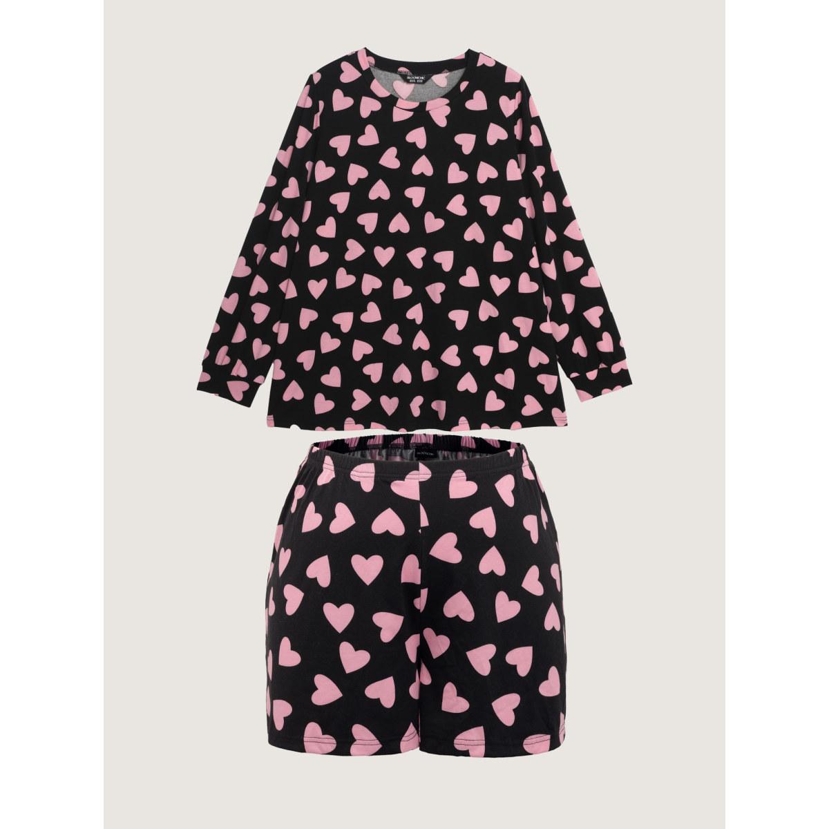 Plus Size Sweet Hearts Stretchy Waist Knit Loungewear Set Women Black Long Sleeve Round Neck Leisure Loungewear Sets BloomChic 22-24/3X Product Image