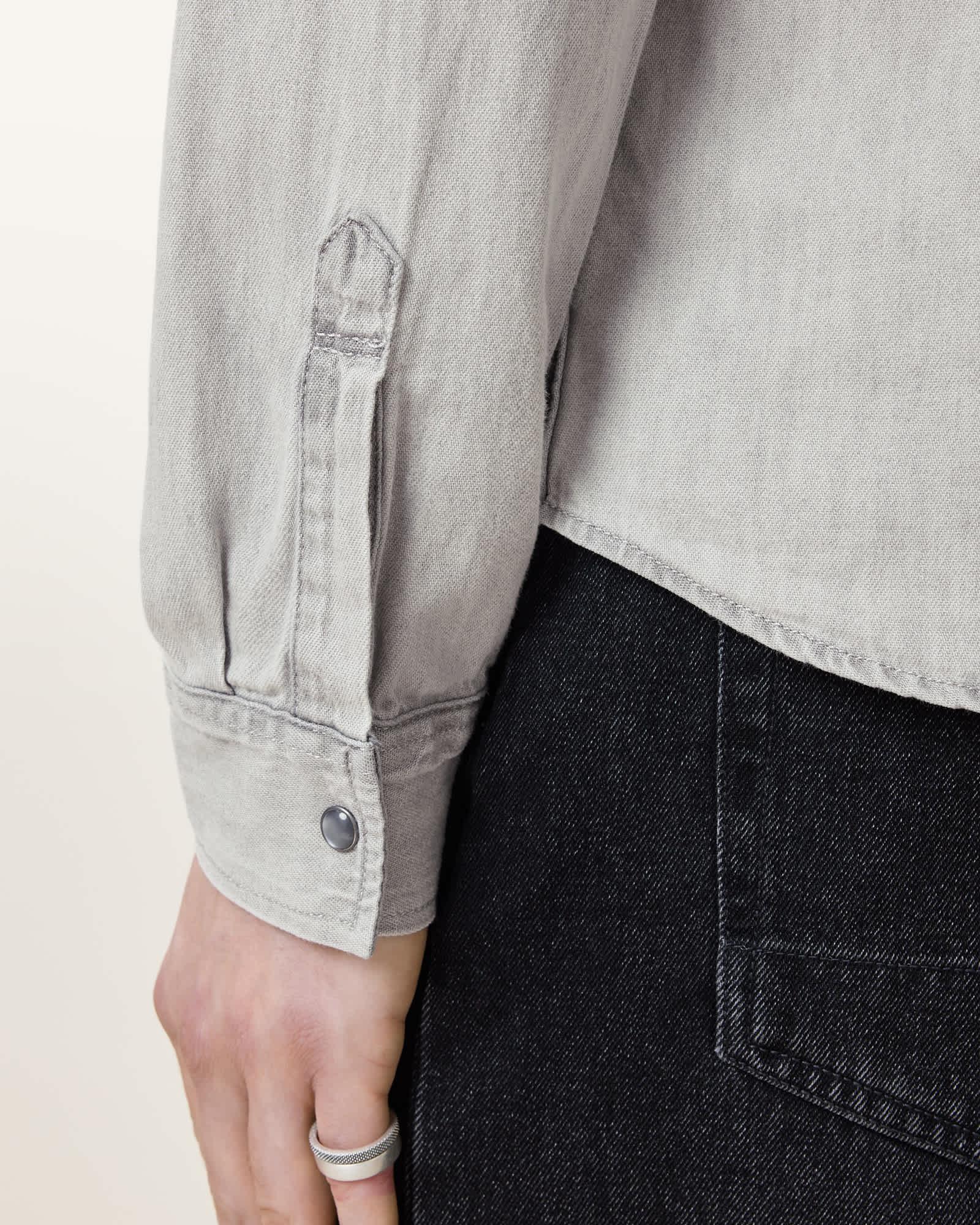 Gleason Press Stud Ramskull Denim Shirt Grey | ALLSAINTS US Product Image