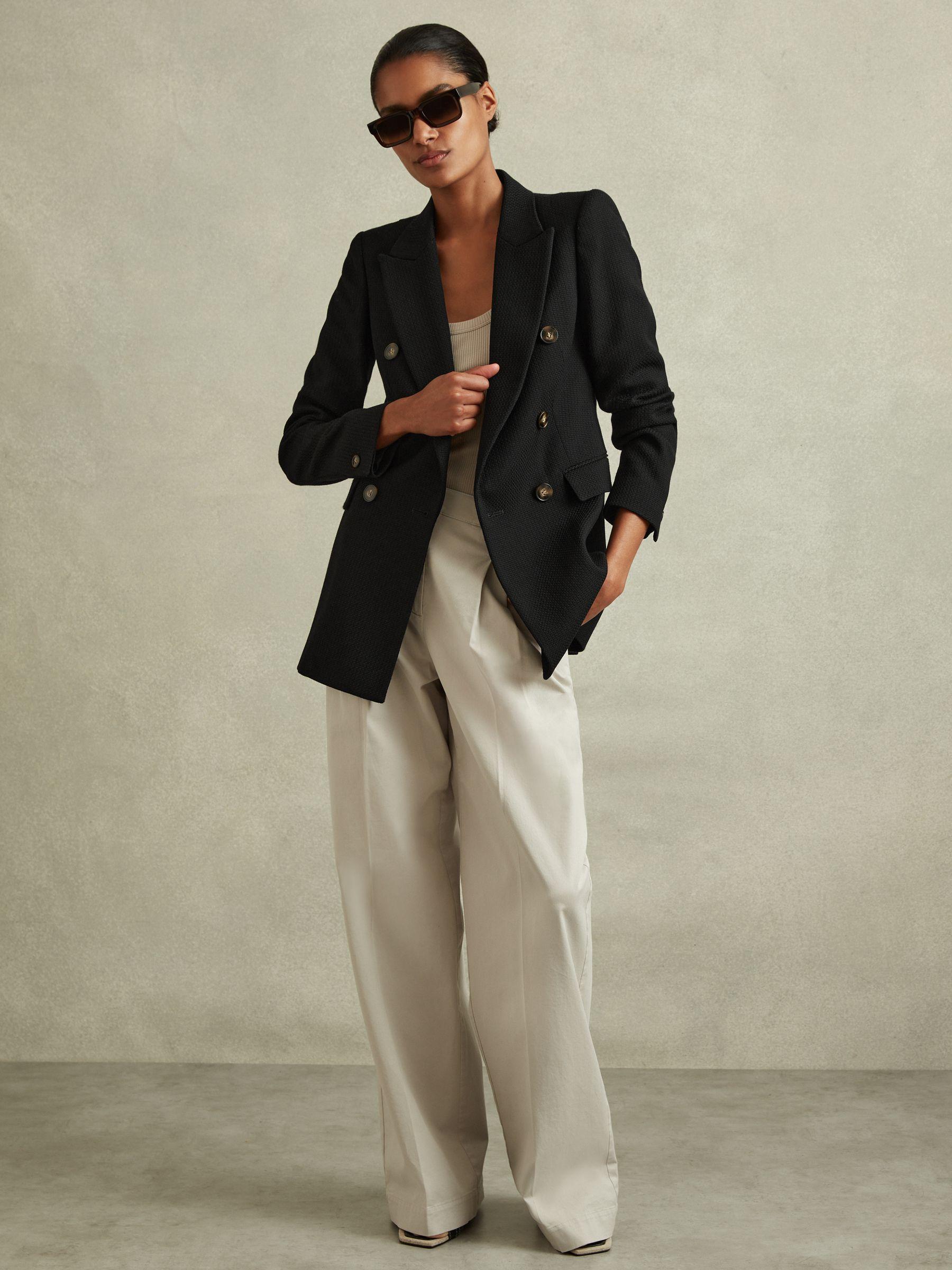 Tailored Textured Wool Blend Double Breasted Blazer in Black Product Image