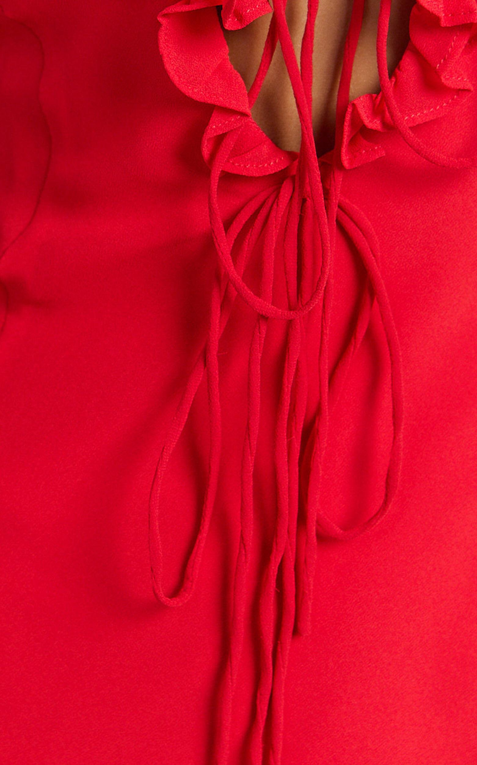 Alesya Mini Dress - Ruffle Plunge Neck Long Sleeve Tie Detail Dress in Red Product Image