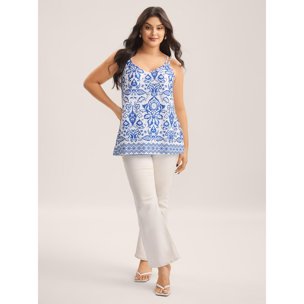 Plus Size Stretchy Floral Print Tank Top Women WhiteSmoke Contrast V-neck Everyday-Elegant Tank Tops Camis BloomChic 22-24/3X Product Image