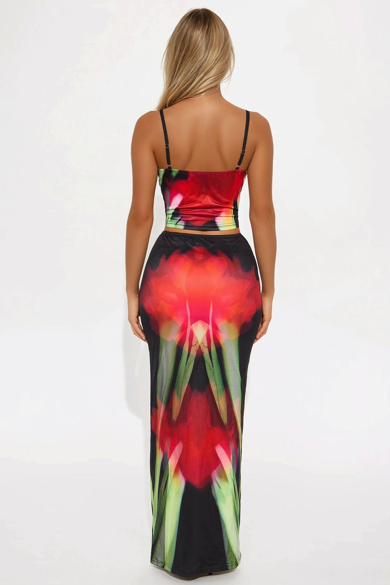 Reckless Romance Mesh Maxi Skirt Set - Red/Black Product Image