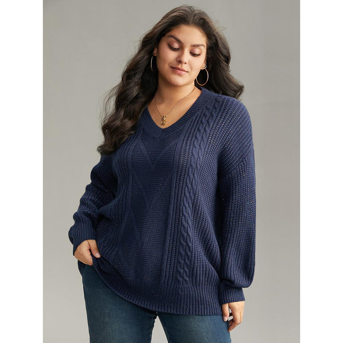 Plus Size Cable Knit Lurex V Neck Pullover Indigo Women Casual Loose Long Sleeve V-neck Dailywear Pullovers BloomChic 18-20/2X Product Image