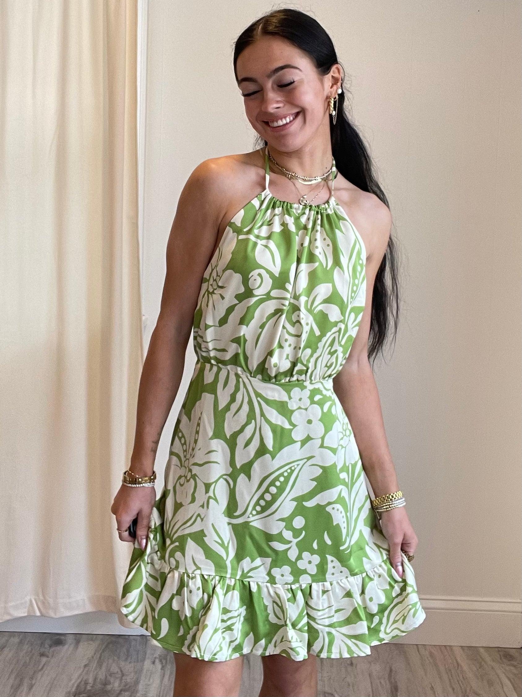 FINAL SALE Avocado Floral Halter Mini Dress Product Image