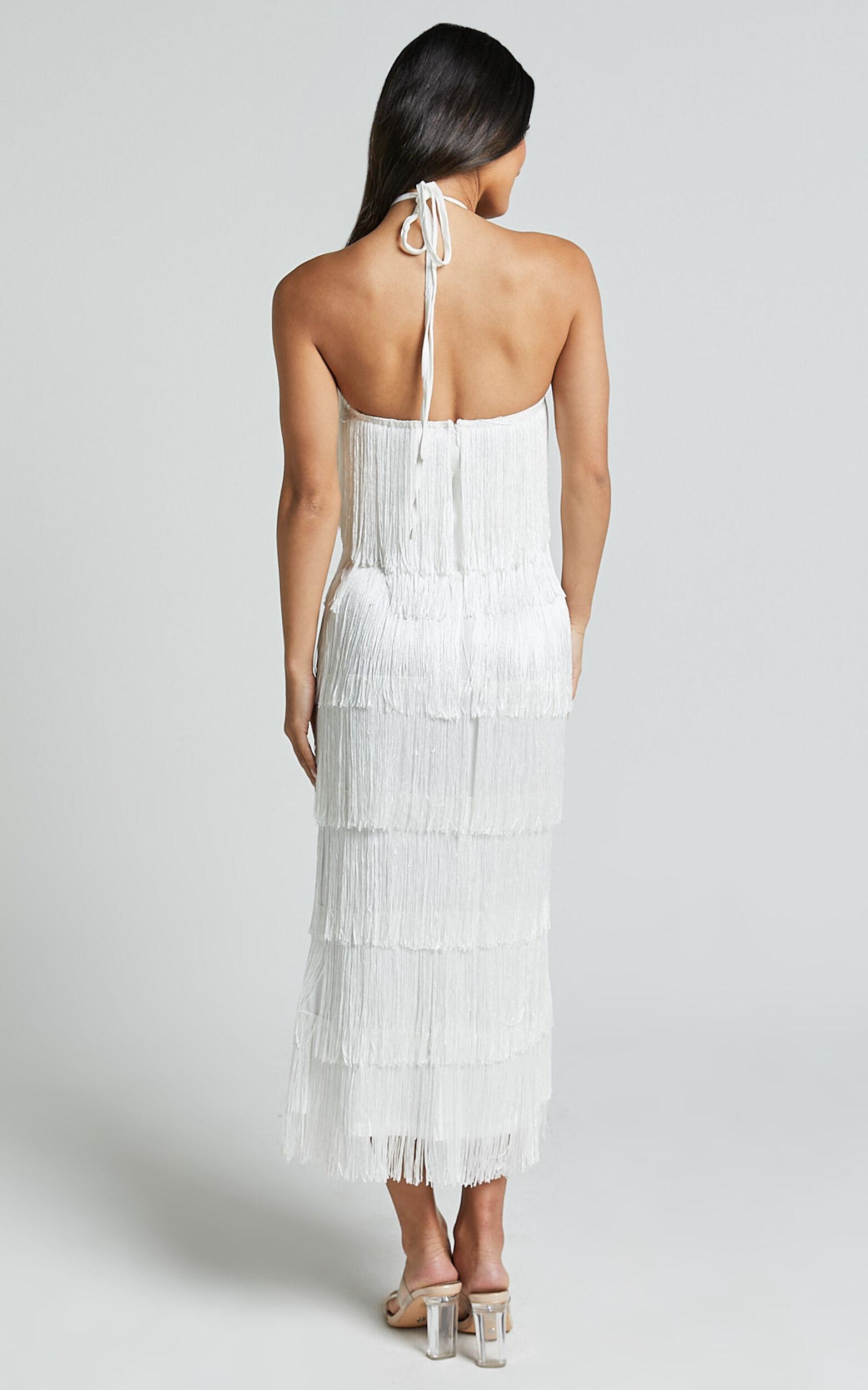 Trixie Maxi Dress - Diamond Halter Neck Fringe Tiered Dress in White Product Image