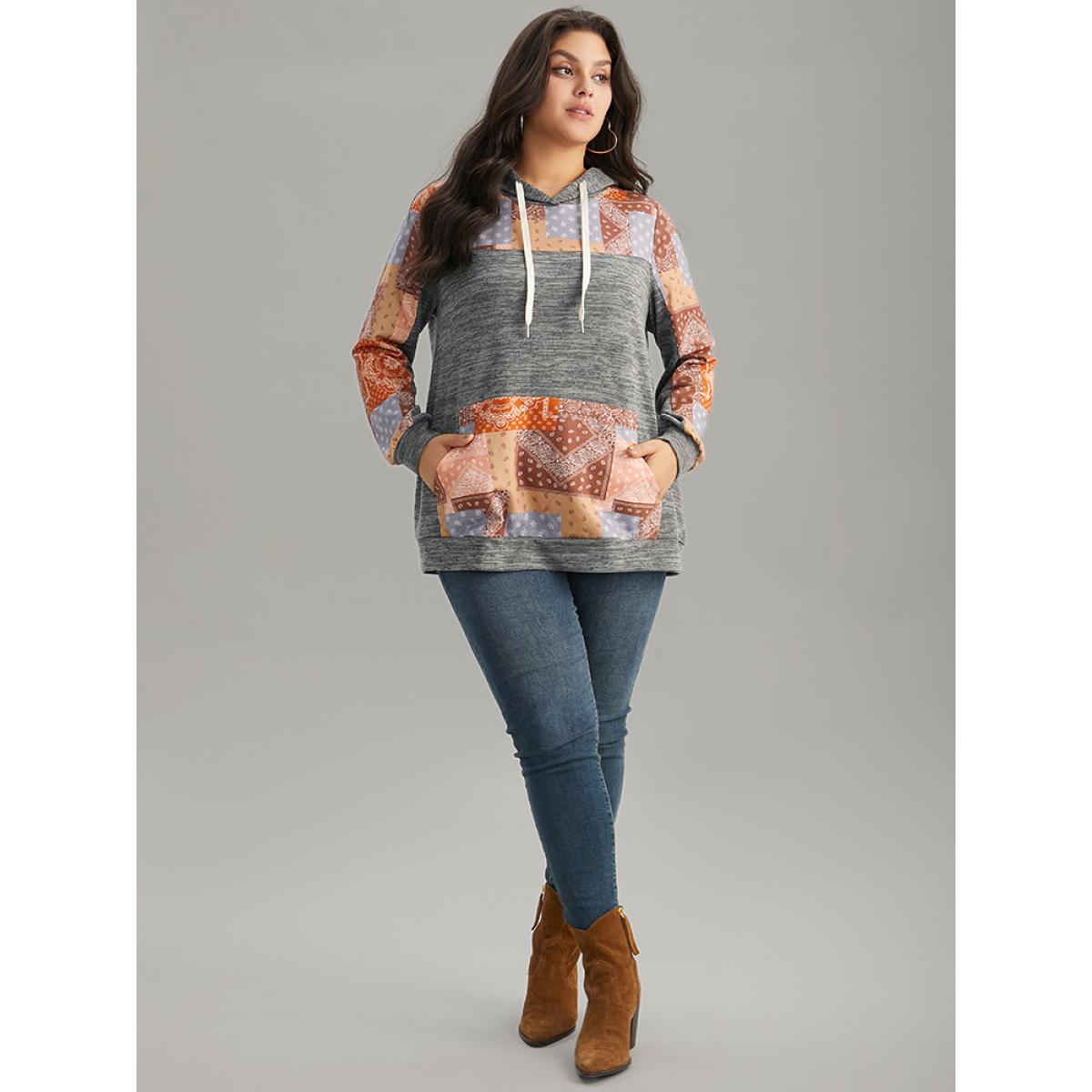 Plus Size Boho Print Contrast Heather Hooded Sweatshirt Women DimGray Casual Contrast Hooded Dailywear Sweatshirts BloomChic 22-24/3X Product Image