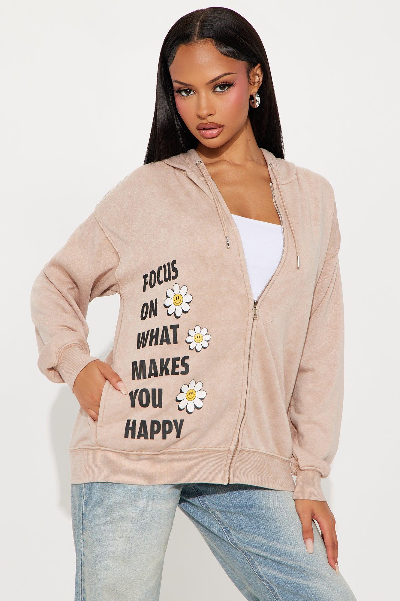 Focus On Happiness Zip Up Hoodie - Taupe Female Product Image