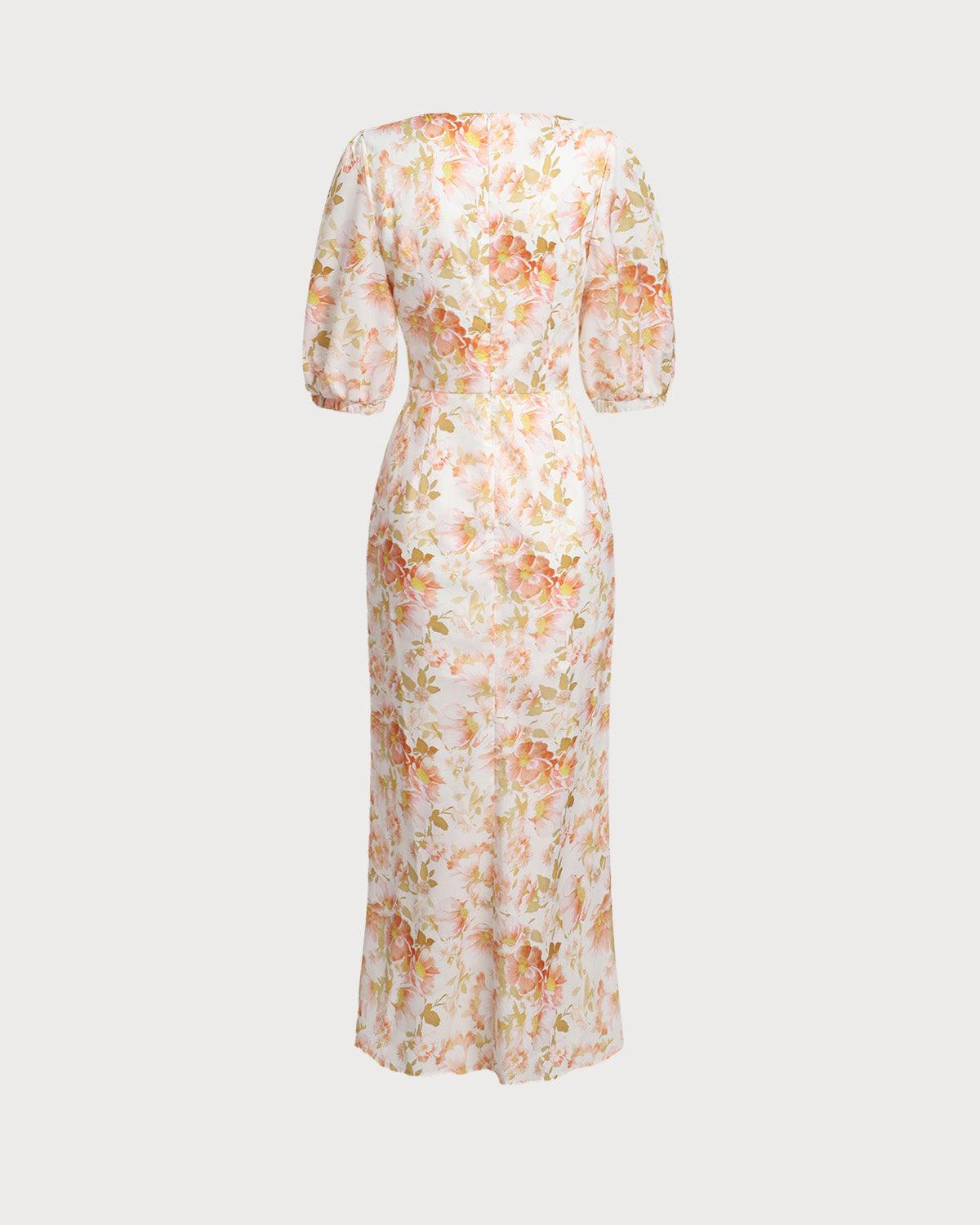 Orange Floral V-Neck Puffed Sleeve Maxi Dress Product Image