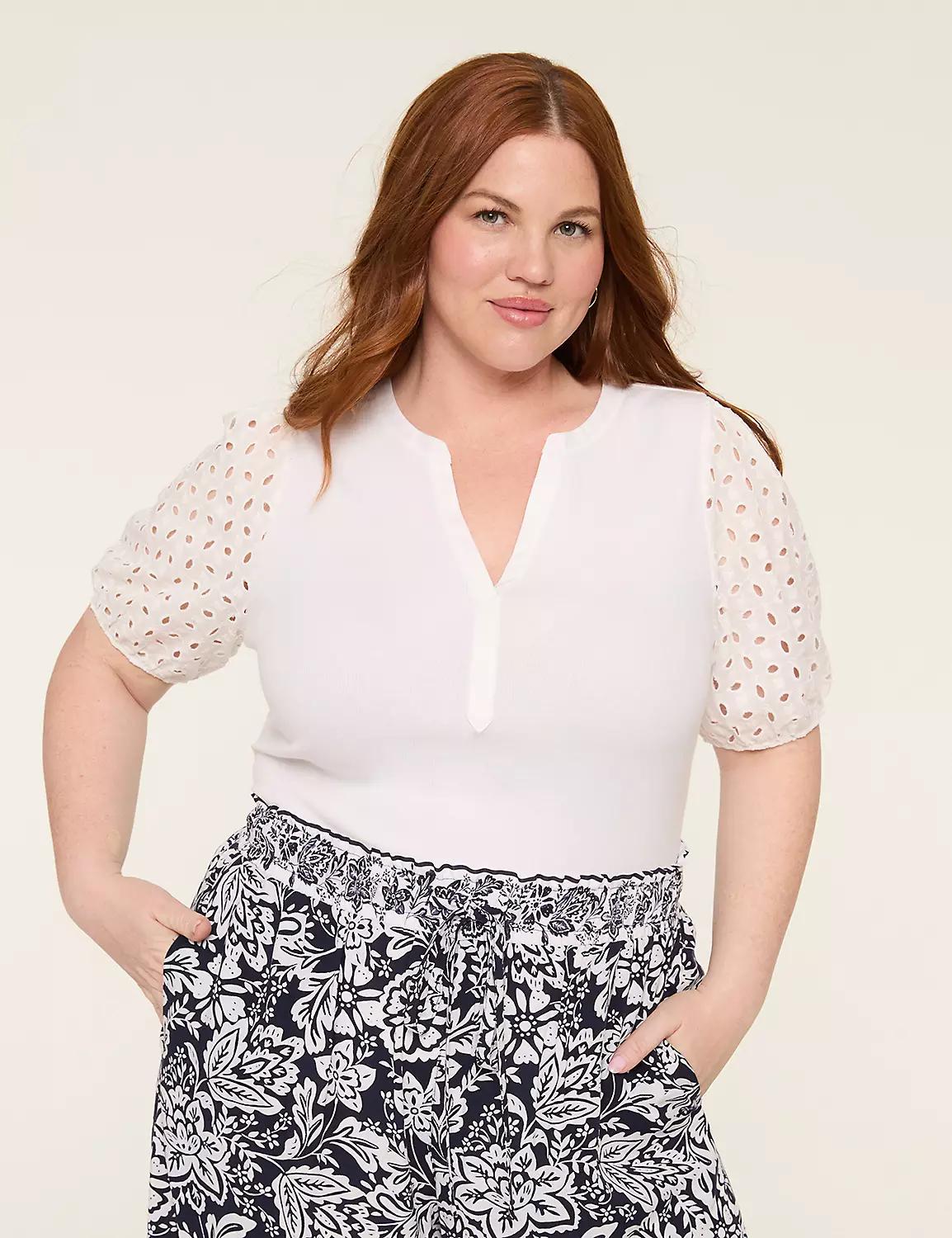 Eyelet-Sleeve Notch-Neck Rib Top Product Image