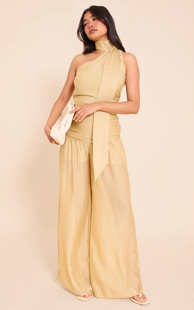 Mustard Textured One Shoulder Scarf Detail Jumpsuit Product Image
