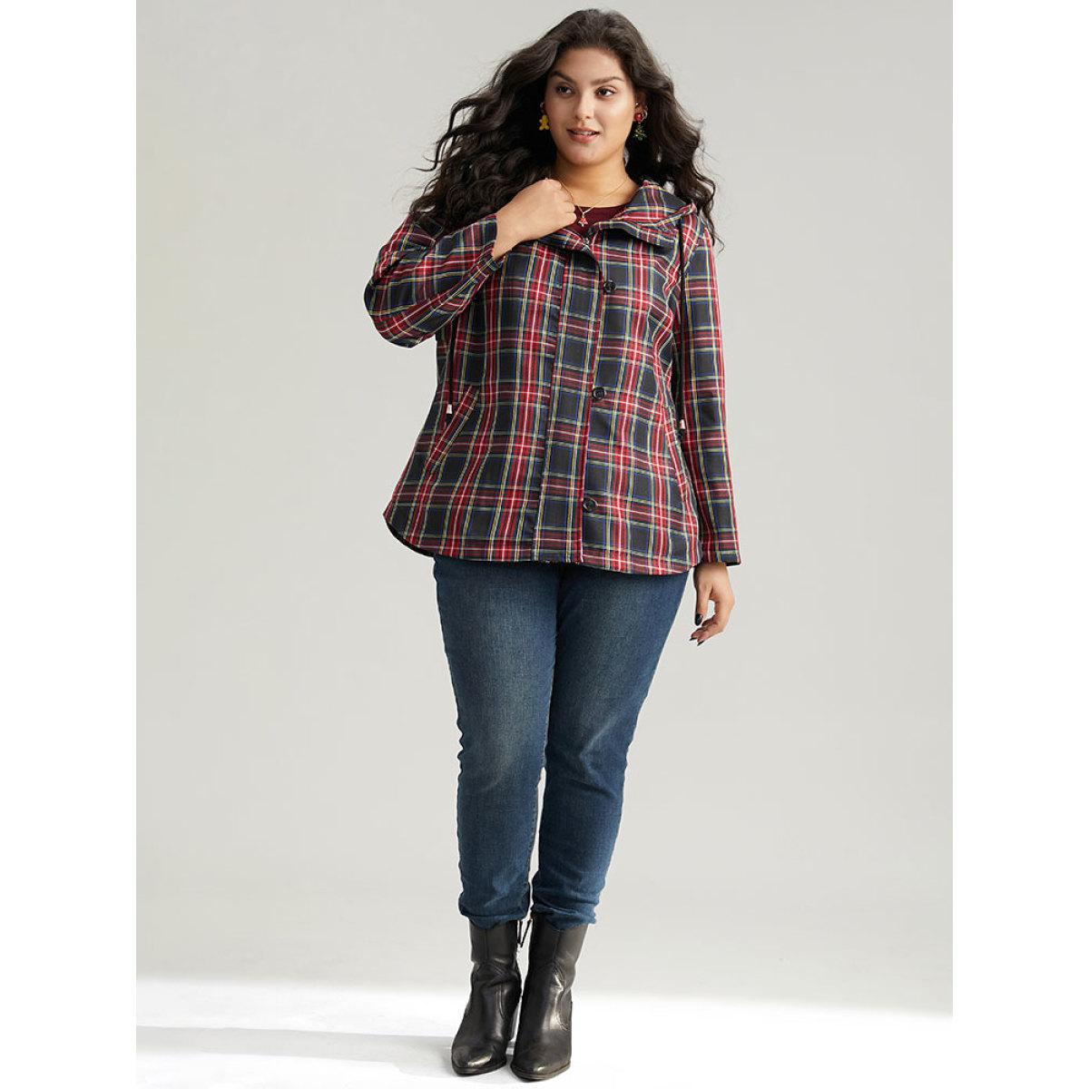 Plus Size Plaid Slant Pocket Hooded Coat Women Multicolor Casual Contrast Ladies Dailywear Winter Coats BloomChic 28/5X Product Image