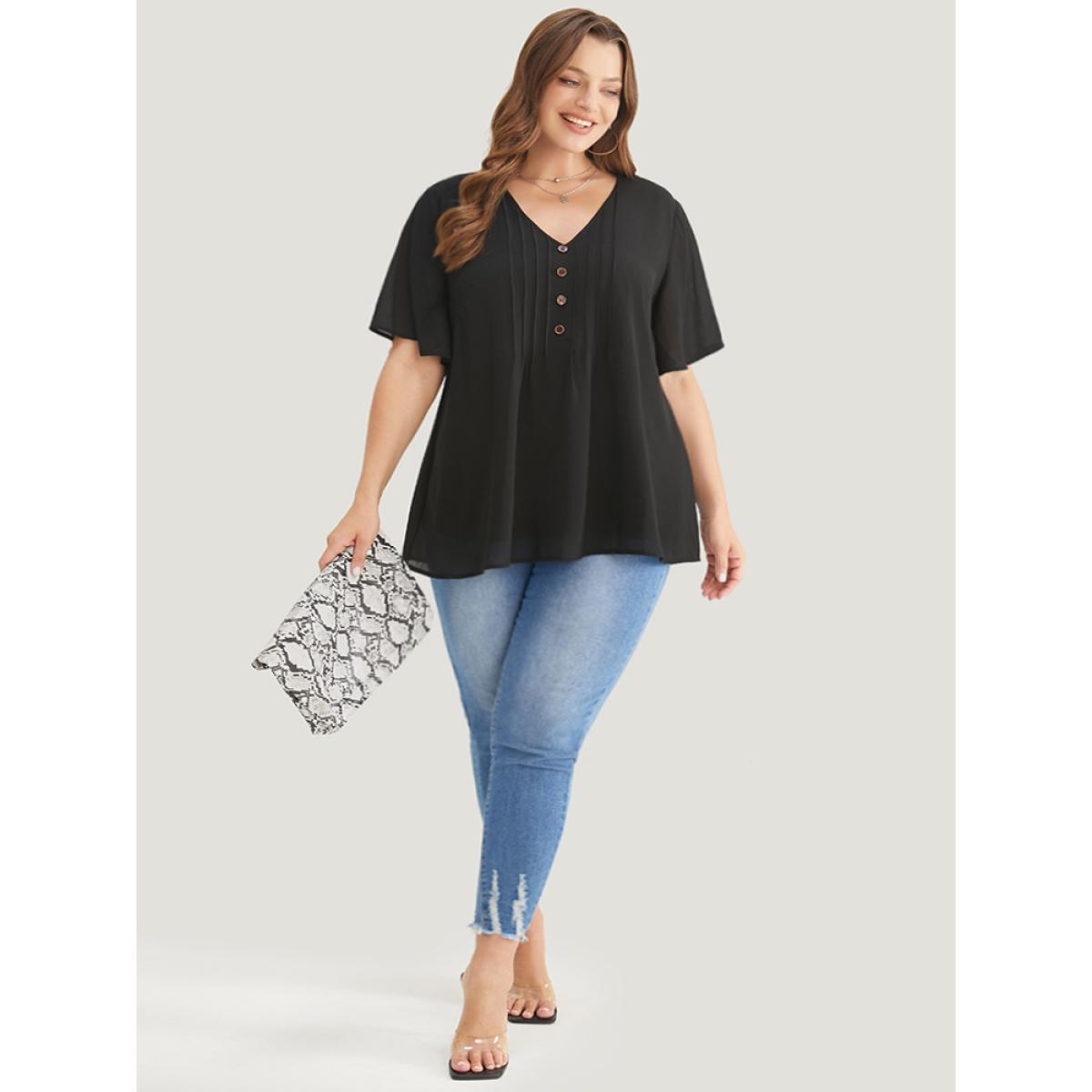 Plus Size Black Plain V Neck Mesh Ruffle Sleeve Button Detail Blouse Women Casual Short sleeve V-neck Office Blouses BloomChic 10/M Product Image