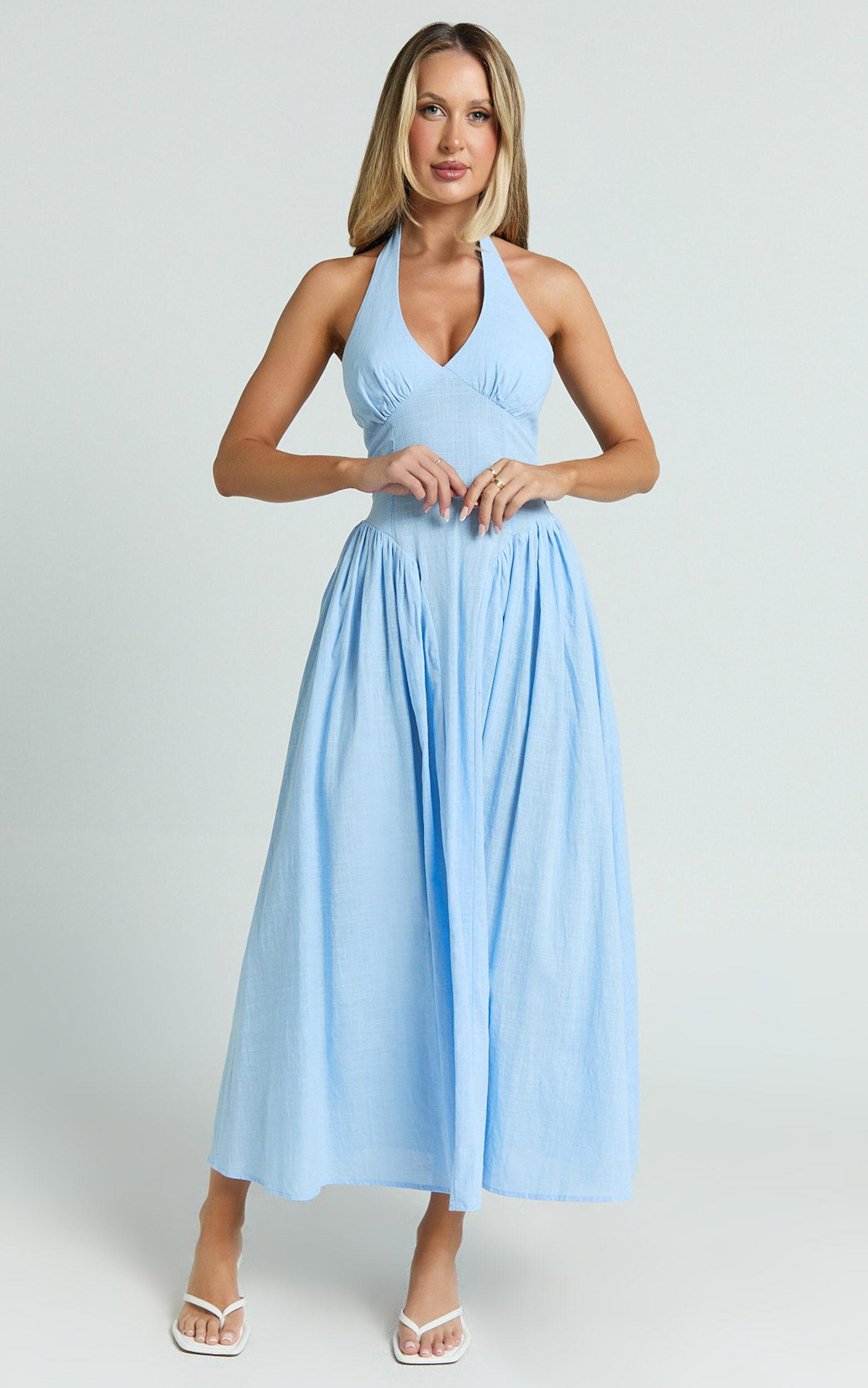 Athena Midi Dress - Halter Drop Waist Dress in Blue Product Image