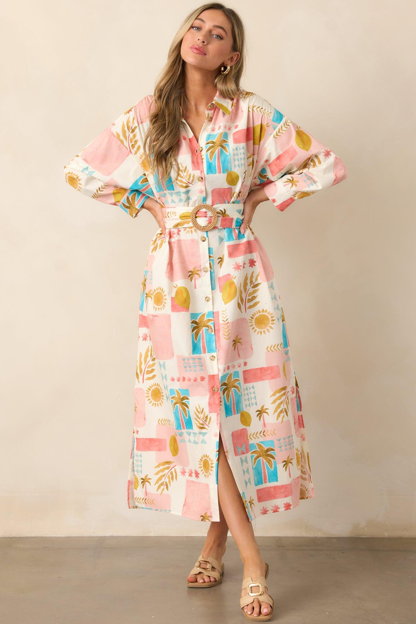 Palms & Paradise Pink Multi Tropical Print Button Front Maxi Dress Product Image