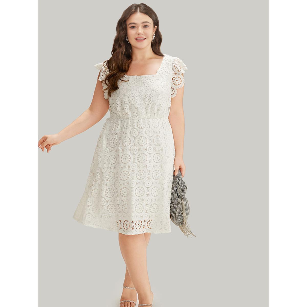 Plus Size Plain Lace Flutter Trim Pocket Square Neck Dress White Women Glamour Lined Square Neck Sleeveless Curvy Midi Dress BloomChic 14-16/1X Product Image