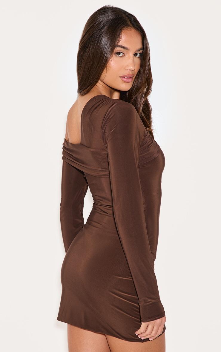Dark Chocolate Double Layer Slinky Off Shoulder Mini Dress Product Image