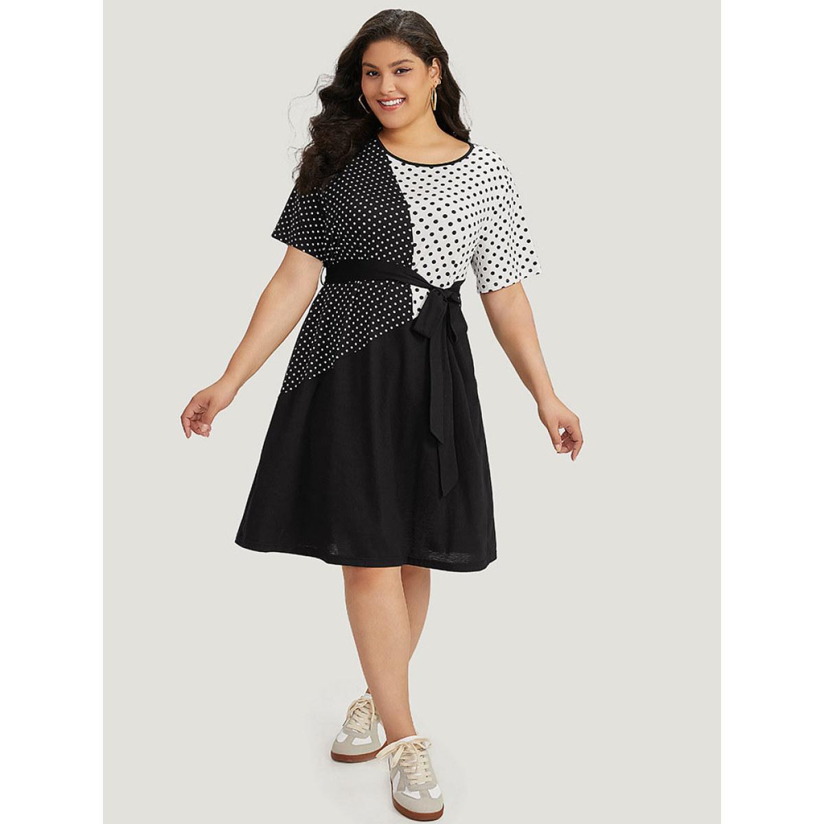 Plus Size Supersoft Essentials Polka Dot Pocket Patchwork Belted Dress Black Women Casual Belted Round Neck Short sleeve Curvy Midi Dress BloomChic 14-16/1X Product Image